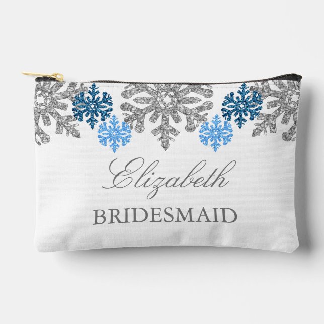 Silver Blue Snowflakes Winter Wedding Accessory Pouch (Front)