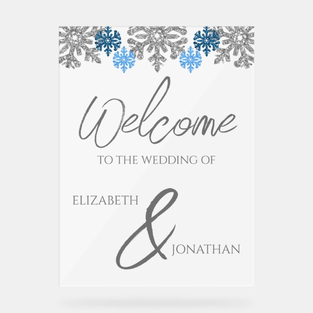 Silver Blue Snowflakes Winter Wedding Acrylic Sign (Front)