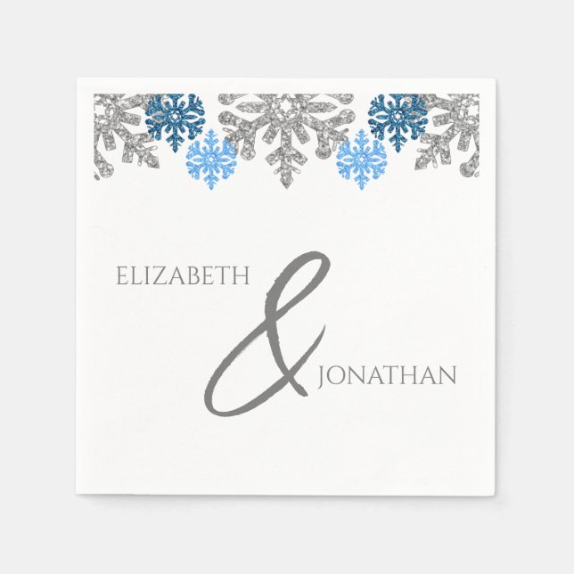 Silver Blue Snowflakes Winter Wedding Napkins (Front)