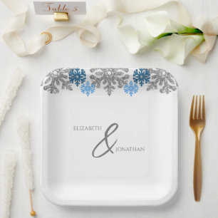 Silver Blue Snowflakes Winter Wedding Paper Plates