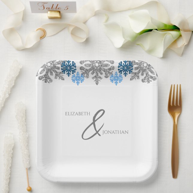 Silver Blue Snowflakes Winter Wedding Paper Plates (Wedding)