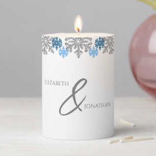 Silver Blue Snowflakes Winter Wedding Pillar Candle