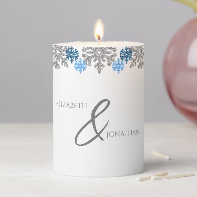 Silver Blue Snowflakes Winter Wedding Pillar Candle (In Situ)