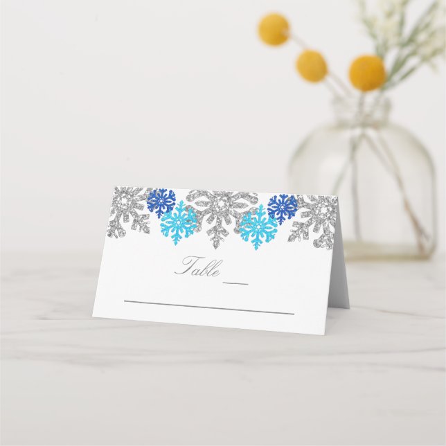 Silver Blue Snowflakes Winter Wedding Place Card (Front)