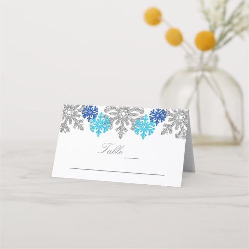 Silver Blue Snowflakes Winter Wedding Place Card