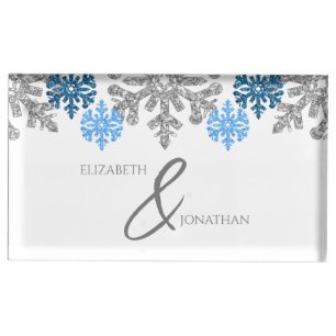Silver Blue Snowflakes Winter Wedding Place Card Holder