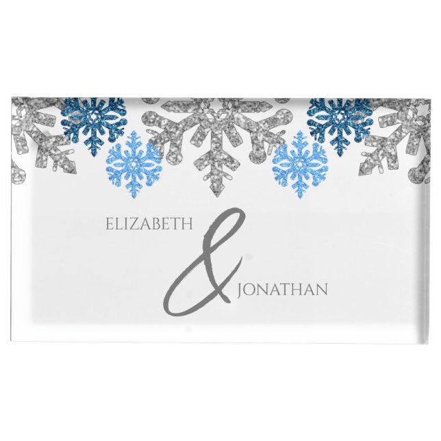 Silver Blue Snowflakes Winter Wedding Place Card Holder (Front)