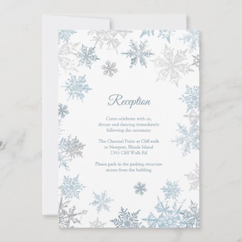 Silver Blue Snowflakes Winter Wedding Reception Invitation