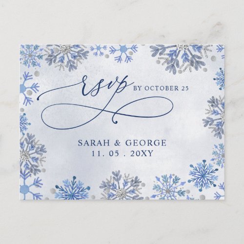 Silver Blue Snowflakes Winter Wedding Rsvp Postcard
