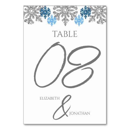 Silver Blue Snowflakes Winter Wedding Table Number