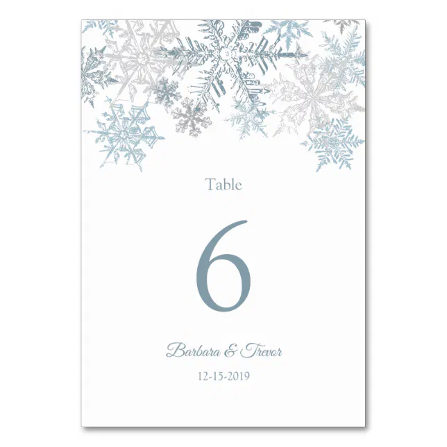 Silver Blue Snowflakes Winter Wedding Table Number | Zazzle