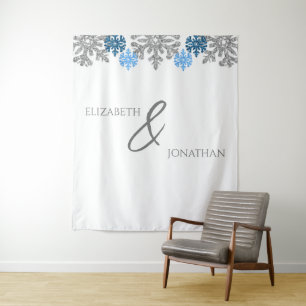 Silver Blue Snowflakes Winter Wedding Tapestry