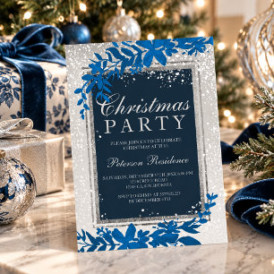 Silver Blue Snowy Foliage Elegant Christmas Party Invitation
