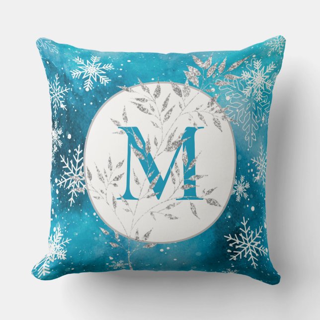 Silver Blue Sparkle Christmas Monogram Family Thro Throw Pillow (Front)