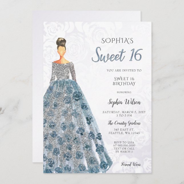Silver Blue Sparkle Dress Sweet 16 birthday Invita Invitation (Front/Back)