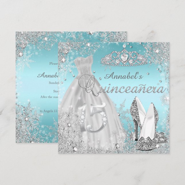 Silver & Blue Sparkle Dress & Tiara Quinceanera Invitation (Front/Back)