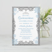 Silver Blue Sparkle Snowflake Quinceanera Invite (Standing Front)