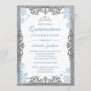 Silver Blue Sparkle Snowflake Quinceanera Invite