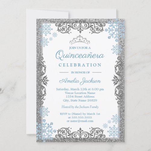 Silver Blue Sparkle Snowflake Quinceanera Invite