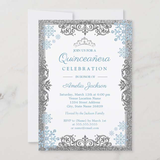 Silver Blue Sparkle Snowflake Quinceanera Invite (Front)