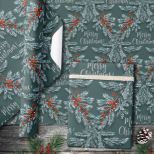 Silver Blue Spruce Red Berries Merry Christmas Wrapping Paper