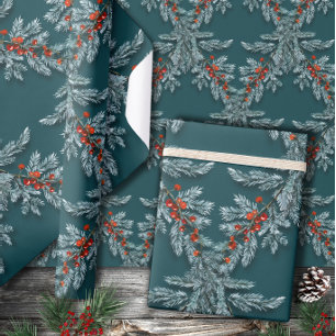 Silver Blue Spruce Red Ilex Berries Lattice Teal Wrapping Paper