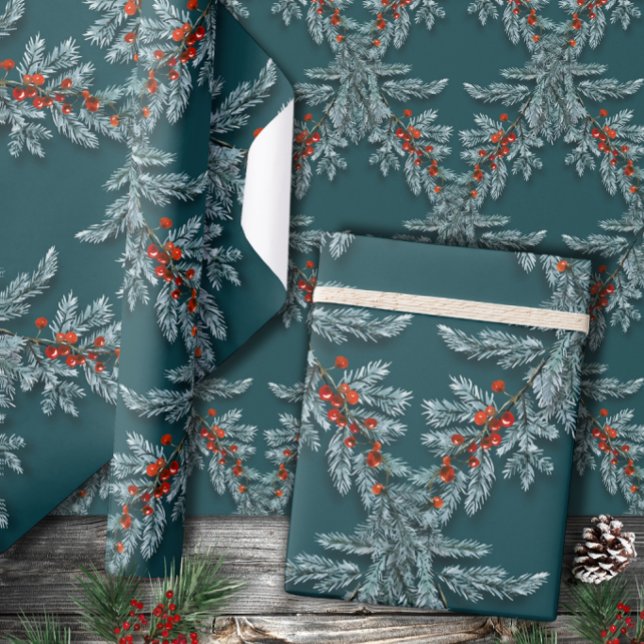 Silver Blue Spruce Red Ilex Berries Lattice Teal Wrapping Paper (Creator Uploaded)