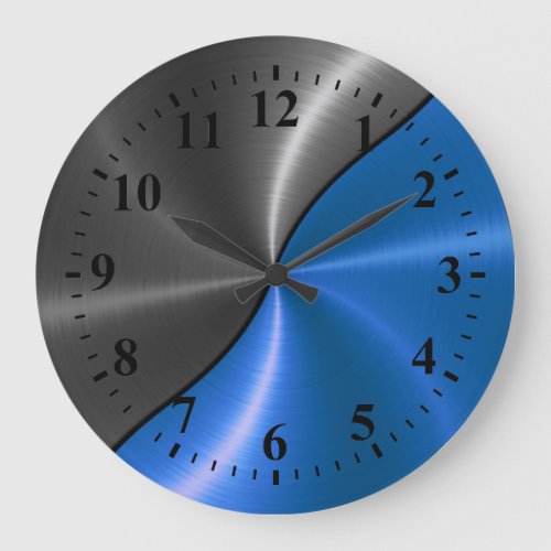 Silver Blue Stainless Steel Metal Look Large Clock