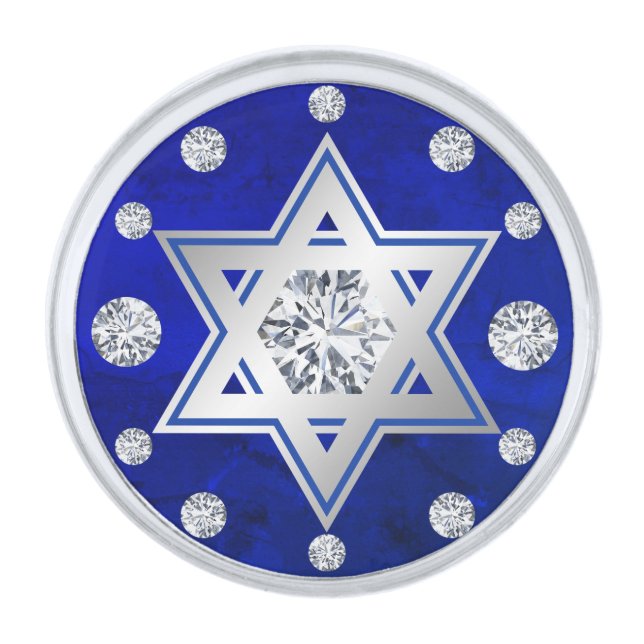 Silver Blue Star of David Cobalt Diamond Dial Silver Finish Lapel Pin (Front)