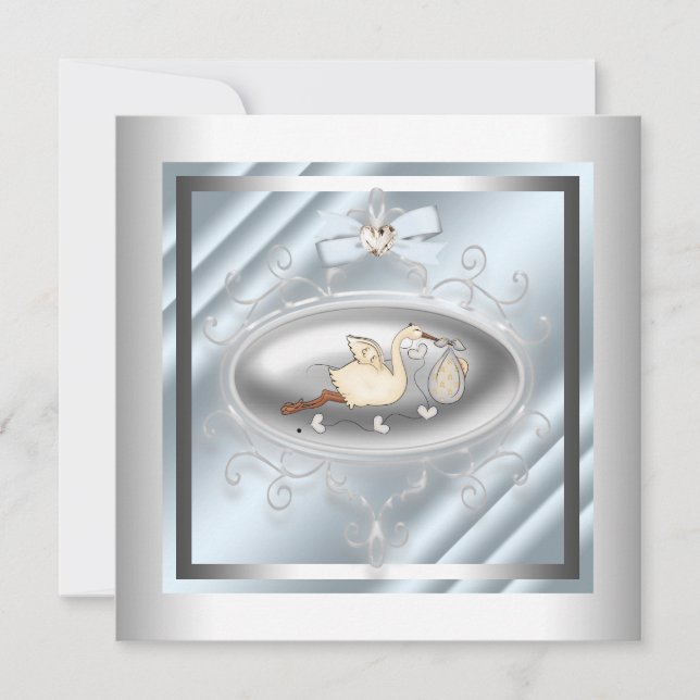 Silver Blue Stork Baby Boy Shower Invitation (Front)