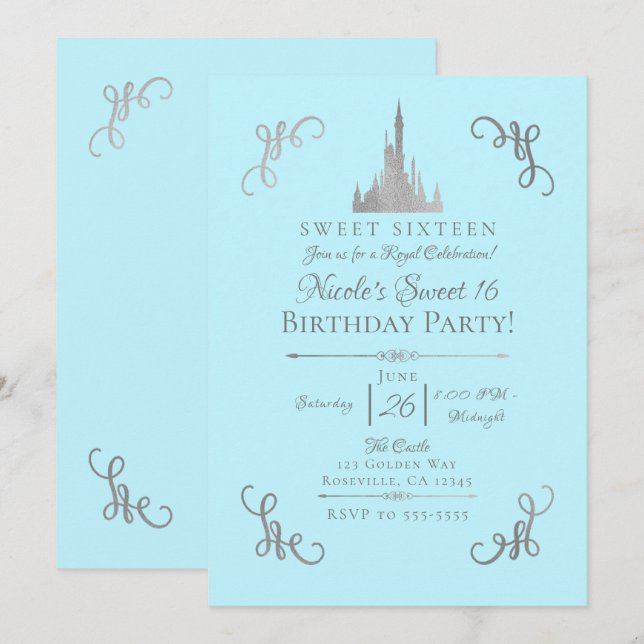 Silver & Blue Storybook Princess Sweet 16 Party Invitation (Front/Back)