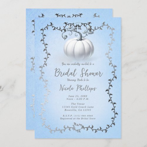 Silver  Blue Storybook White Pumpkin Bridal  Invitation