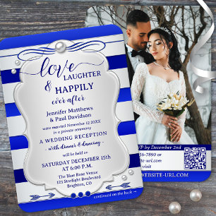Silver Blue Striped Happily Ever After Wedding Invitation