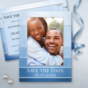 Silver Blue Striped Photo Save the Date Announcement Postcard