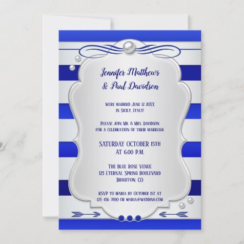Silver Blue Striped Post Wedding Party Invitation