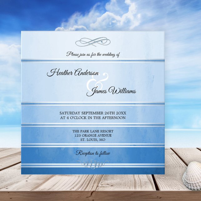 Silver Blue Striped Ton sur Ton Wedding Invitation (Chic wedding invitation featuring a striped design with watercolor effects in tone on tone blue)