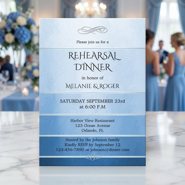 Silver Blue Striped Tone on Tone Rehearsal Dinner Invitation (Rehearsal dinner invitation featuring a watercolor painted blue tone on tone striped design)
