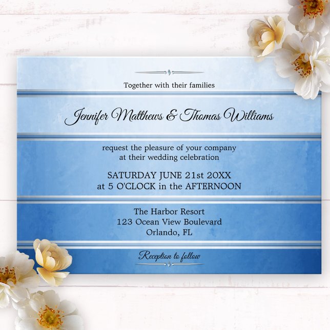 Silver Blue Striped Tone on Tone Wedding Invitation (Wedding invitation featuring an elegant painted blue ton sur ton striped design with a silver lining)
