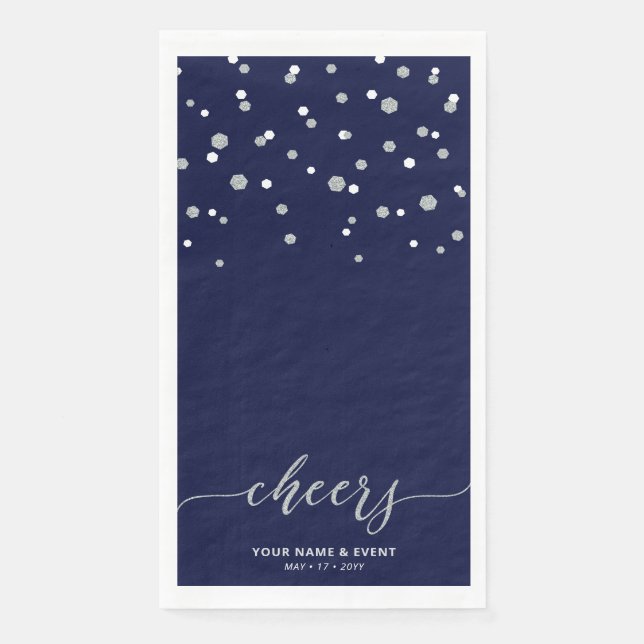 Silver Blue Stylish Script Confetti Cheers Party Paper Guest Towels (Front)