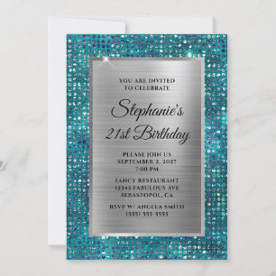 Silver Blue Teal Diamond Glam Foil 21st Birthday Invitation