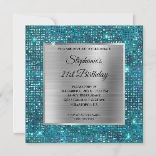 Silver Blue Teal Diamond Studded Foil Birthday Invitation