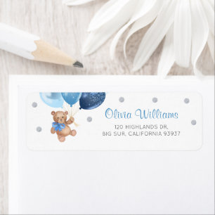 Silver Blue Teddy Bear Baby Shower Return Address Label