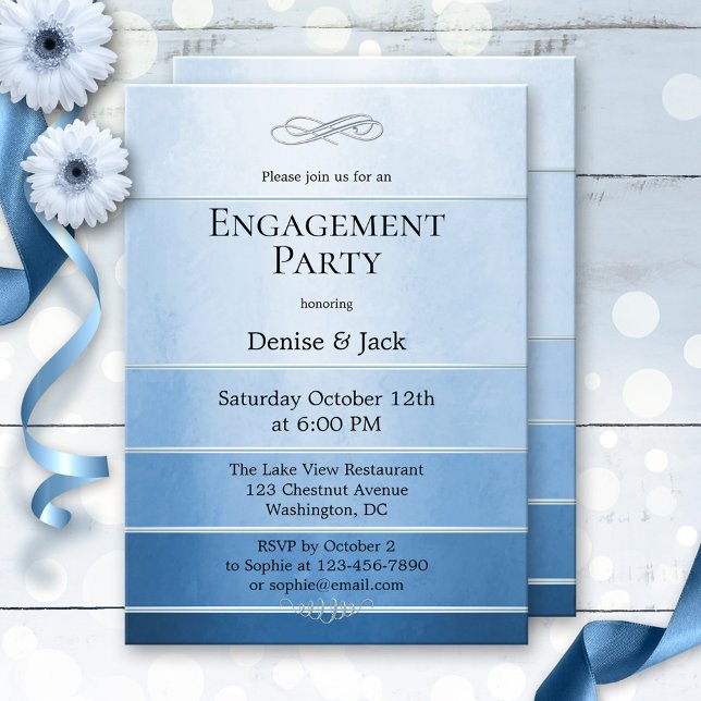 Silver Blue Ton sur Ton Striped Engagement Invitation (Creator Uploaded)
