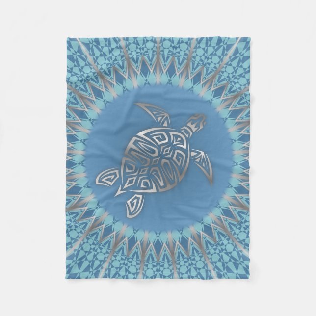 Silver Blue Turtle Mandala Animal Fleece Blanket (Front)