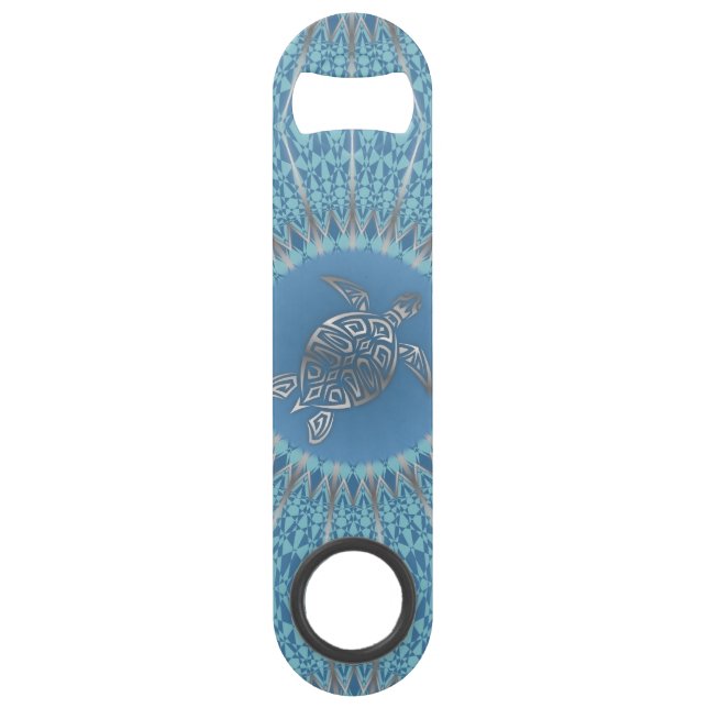 Silver Blue Turtle Mandala Animal Speed Bottle Opener (Front)