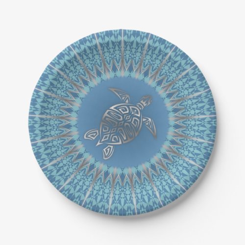 Silver Blue Turtle Mandala Coastal Luau Paper Plates
