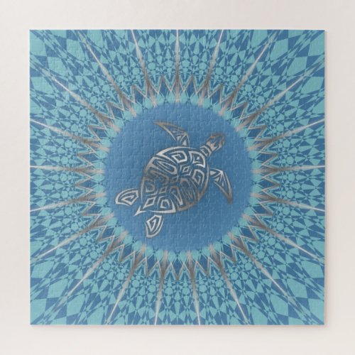 Silver Blue Turtle Mandala Maritime Jigsaw Puzzle