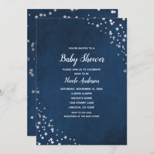 Silver  Blue Twinkle Stars Celestial Baby Shower Invitation