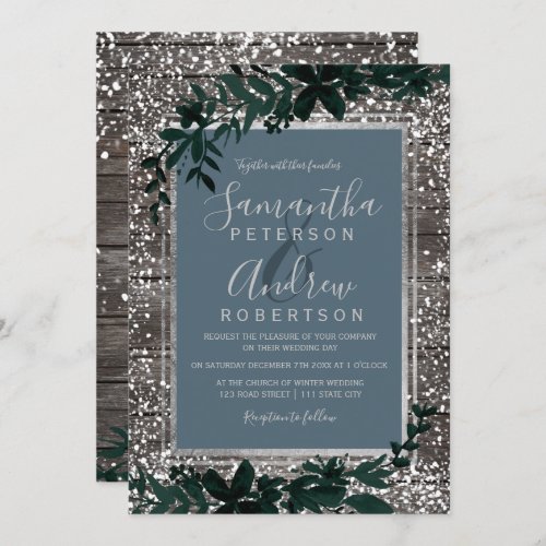 Silver blue typography leaf snow wood wedding invitation