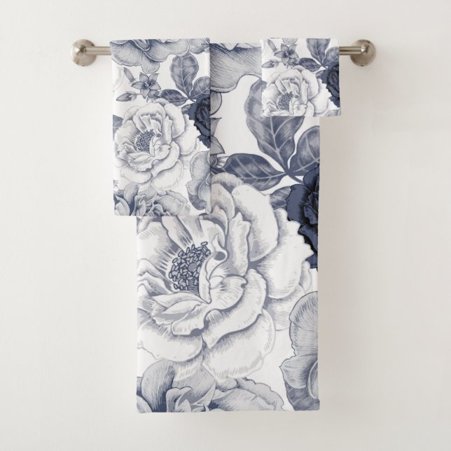 Silver Blue Vintage Flowers Pattern Bath Towel Set (Insitu)